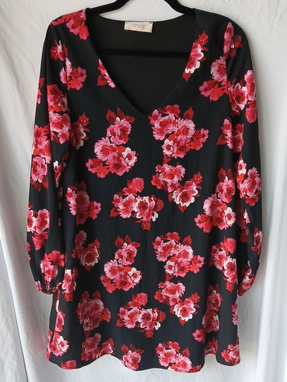 Peach Love California Black Tunic with Pink & Red Floral Print